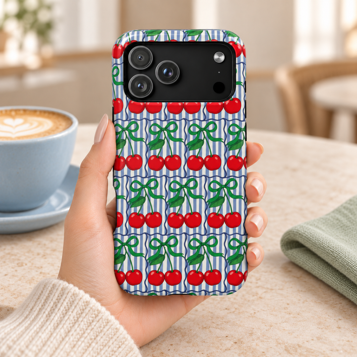 Cherry Bow Stripe protective phone case, red cherries and green bows on blue stripes, lifestyle photo in hand with coffee