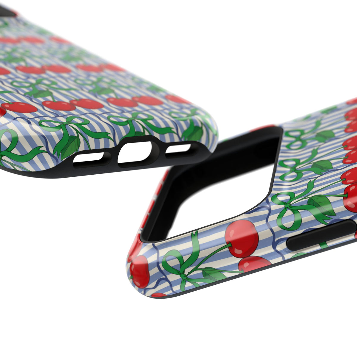Cherry Bow Stripe protective phone case, close-up at an angle