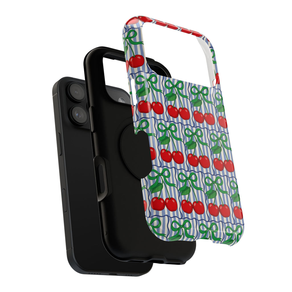 Cherry Bow Stripe protective phone case, close-up of the dual-layer construction