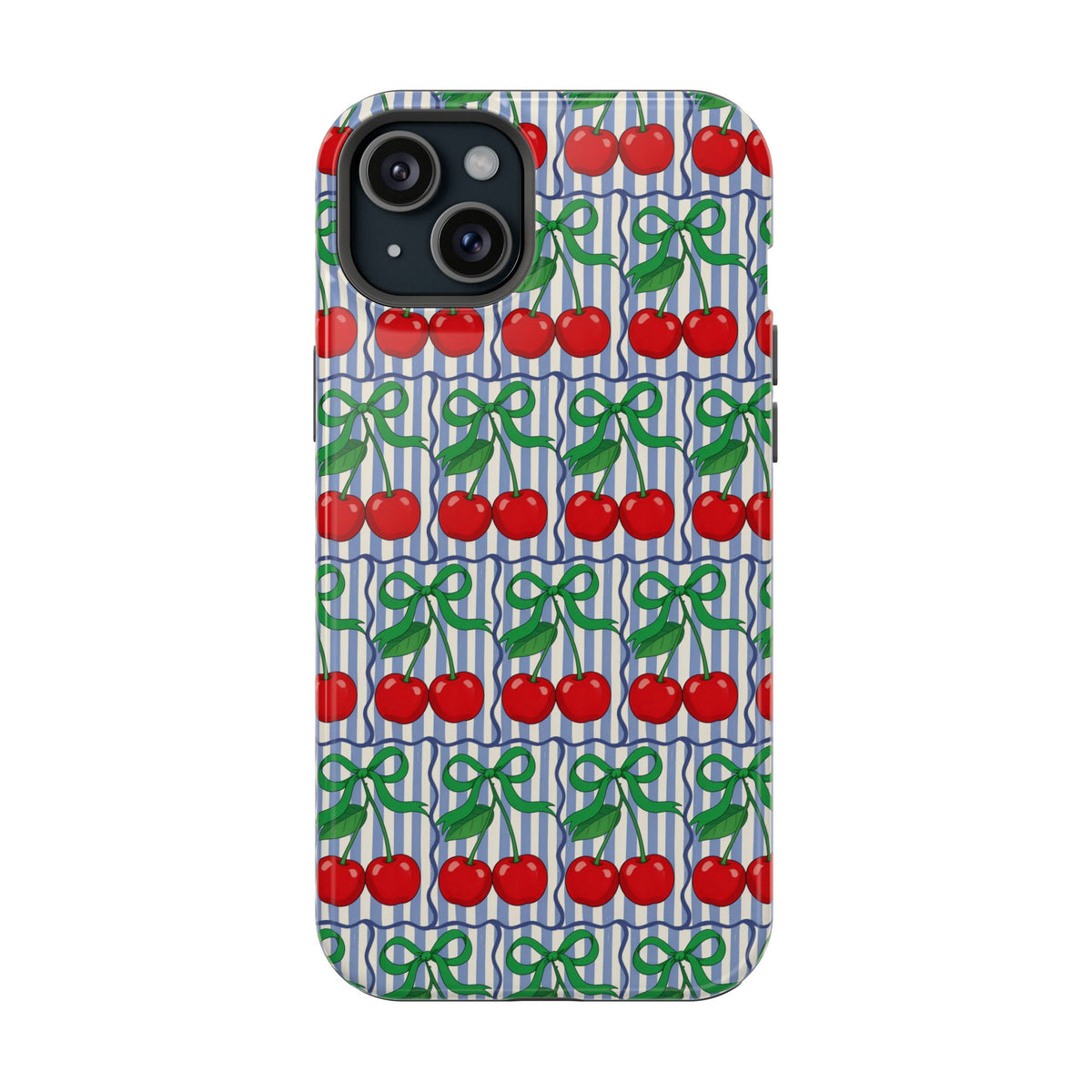 Cherry Bow Stripe MagSafe case for iPhone 15 Plus, glossy finish