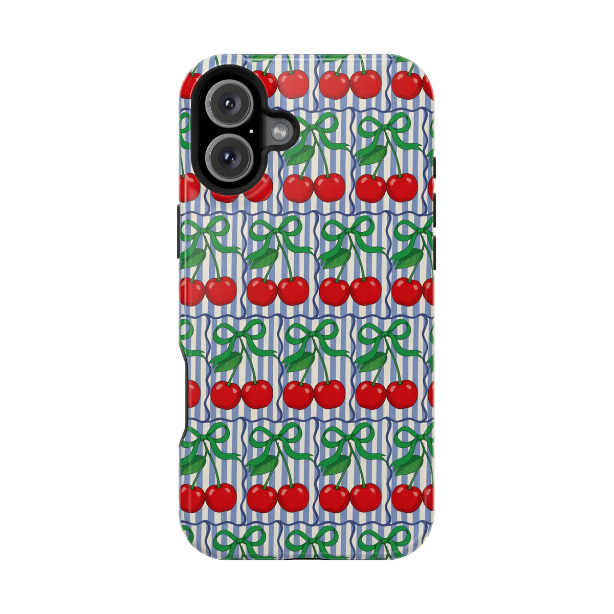 Cherry Bow Stripe MagSafe case for iPhone 16 Plus, glossy finish