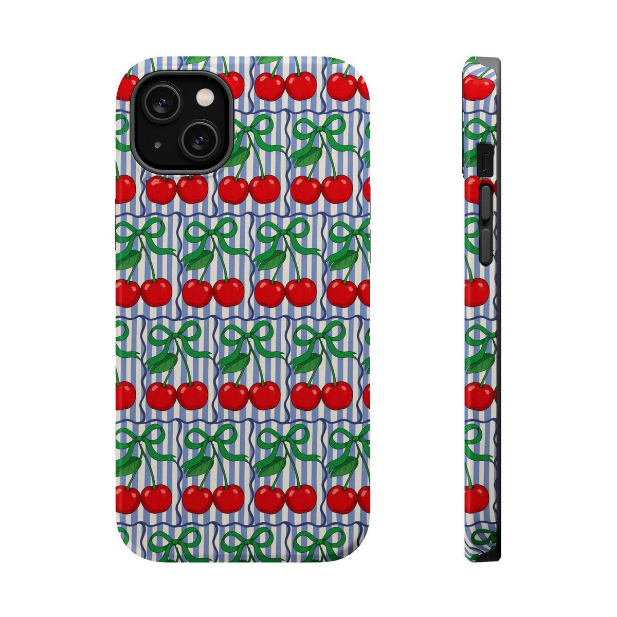 Cherry Bow Stripe MagSafe case for iPhone 14 Plus, glossy finish