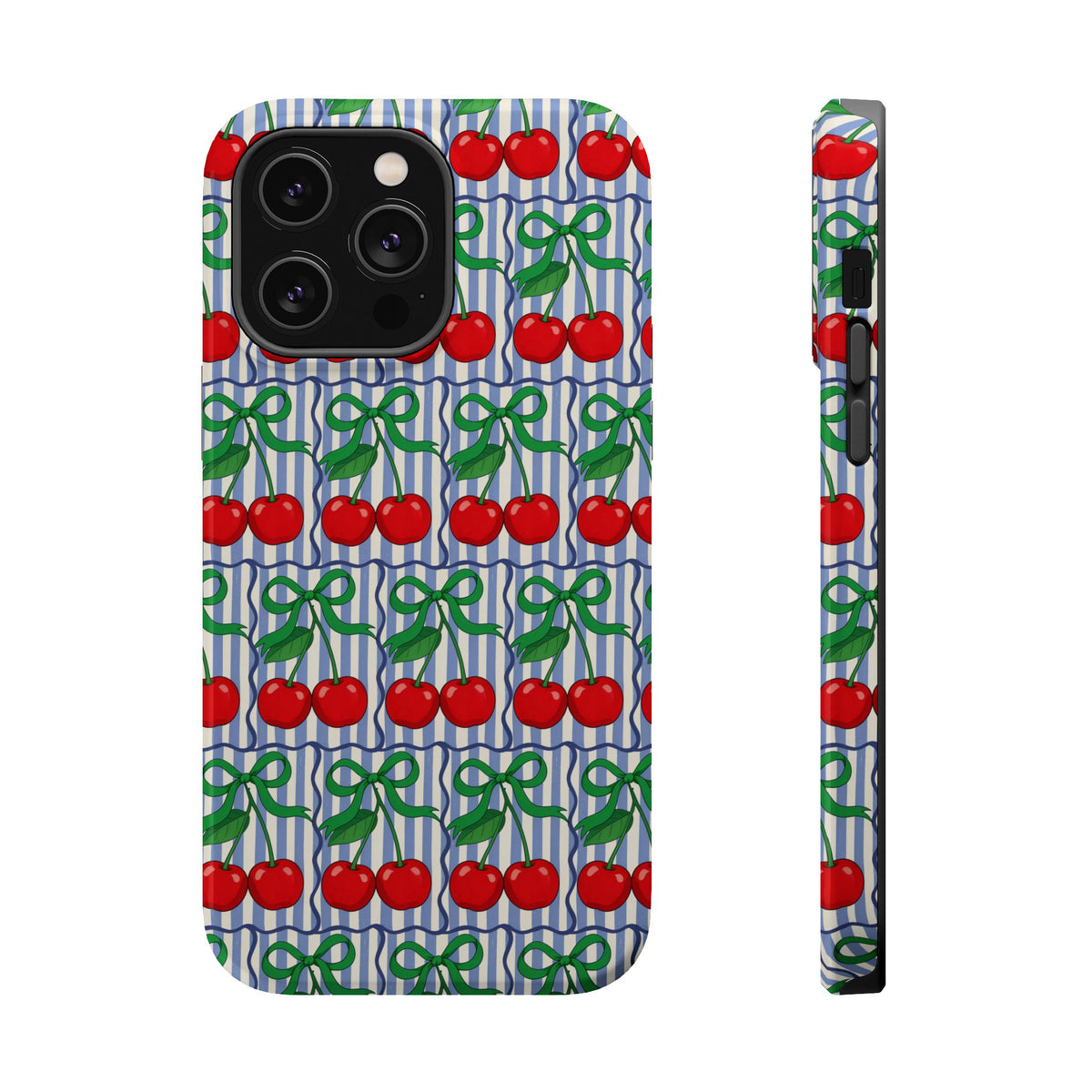 Cherry Bow Stripe MagSafe case for iPhone 14 Pro Max, glossy finish