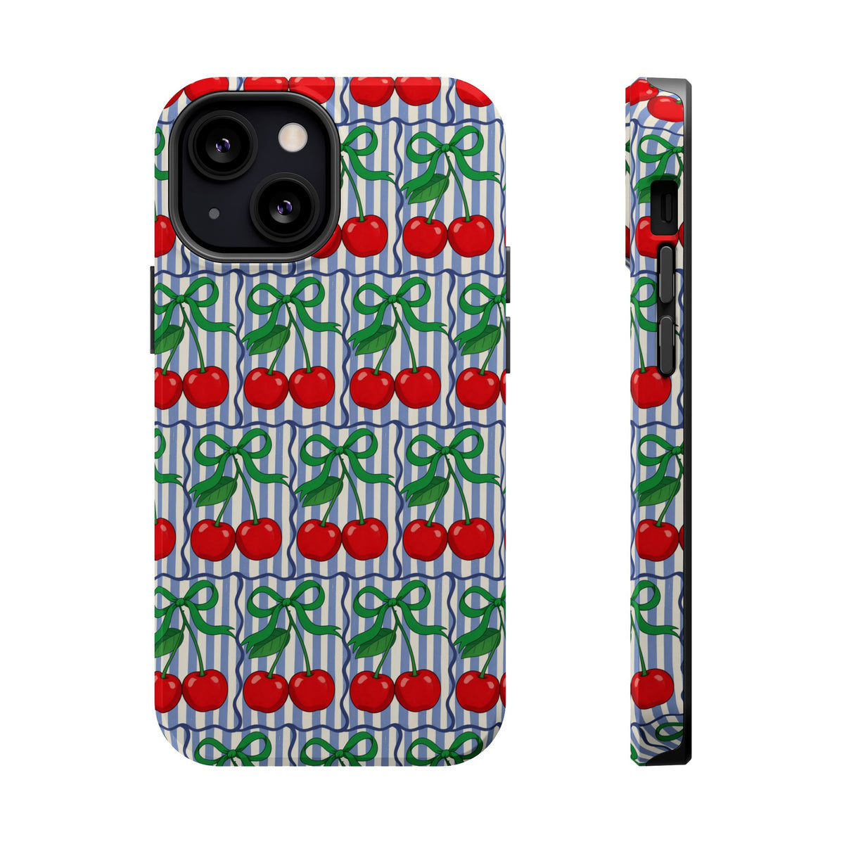 Cherry Bow Stripe MagSafe case for iPhone 13 Mini, glossy finish