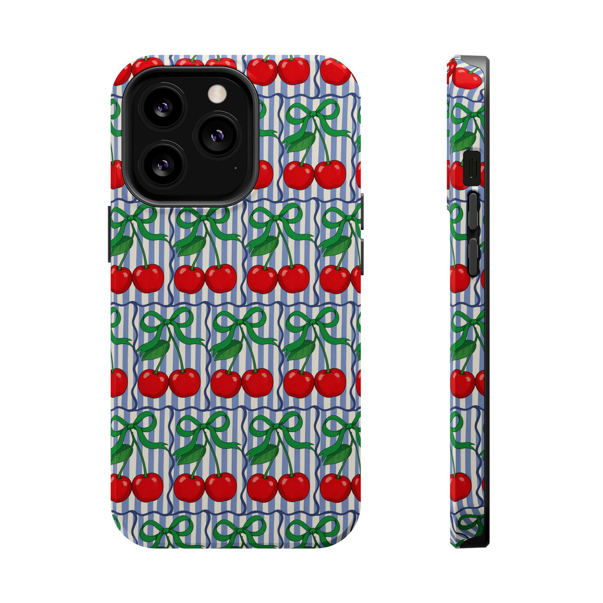 Cherry Bow Stripe MagSafe case for iPhone 13 Pro, glossy finish