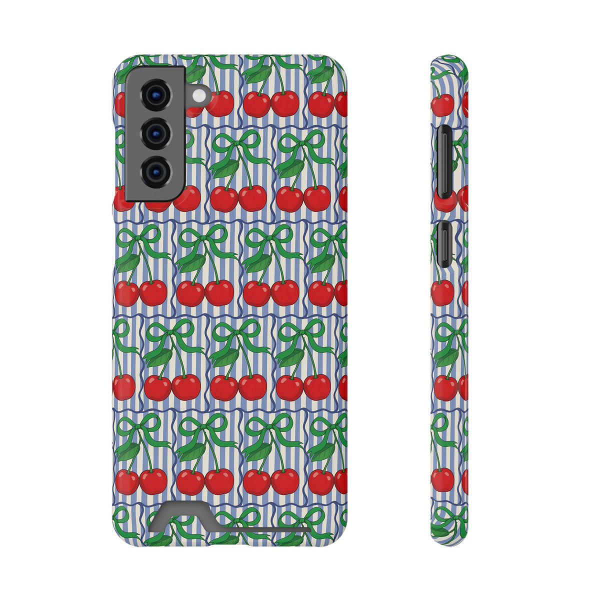 Cherry Bow Stripe phone case with card holder for Samsung Galaxy S21 Plus, glossy finish