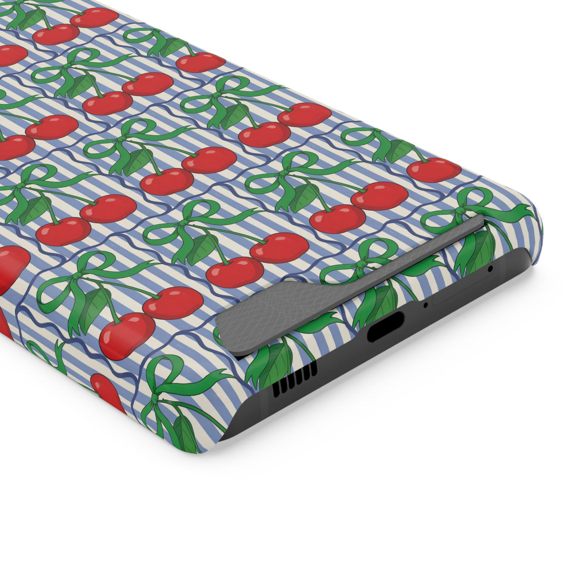 Cherry Bow Stripe phone case with card holder for Samsung Galaxy S21 Ultra, glossy finish