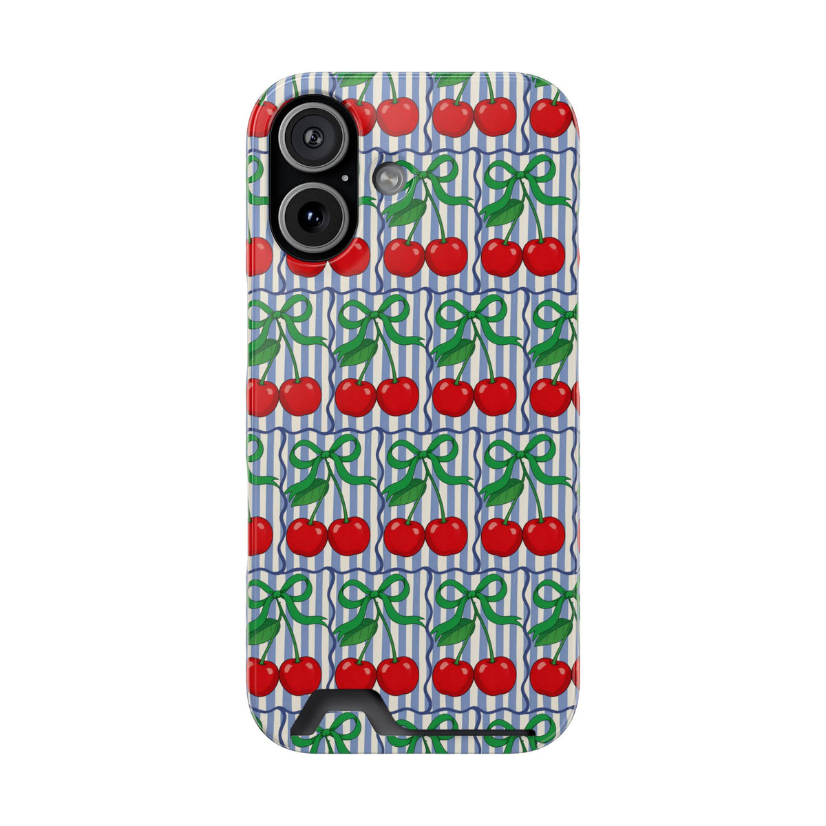 Cherry Bow Stripe phone case with card holder for iPhone 17, glossy finish