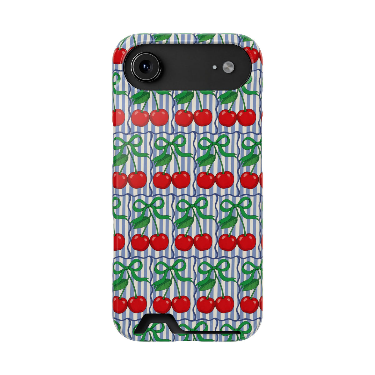 Cherry Bow Stripe phone case with card holder for iPhone 17 Air, glossy finish
