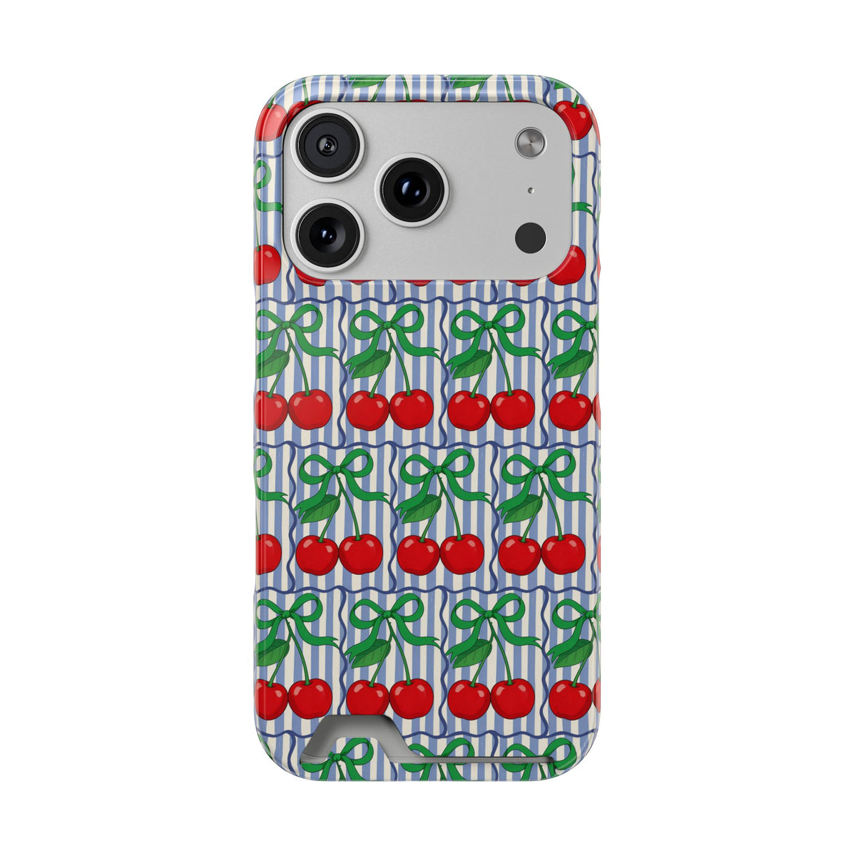 Cherry Bow Stripe phone case with card holder for iPhone 17 Pro, glossy finish