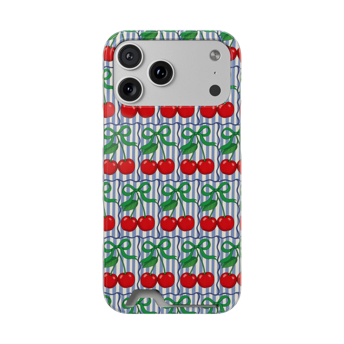 Cherry Bow Stripe phone case with card holder for iPhone 17 Pro Max, glossy finish