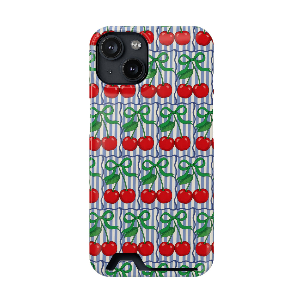 Cherry Bow Stripe phone case with card holder for iPhone 14, glossy finish