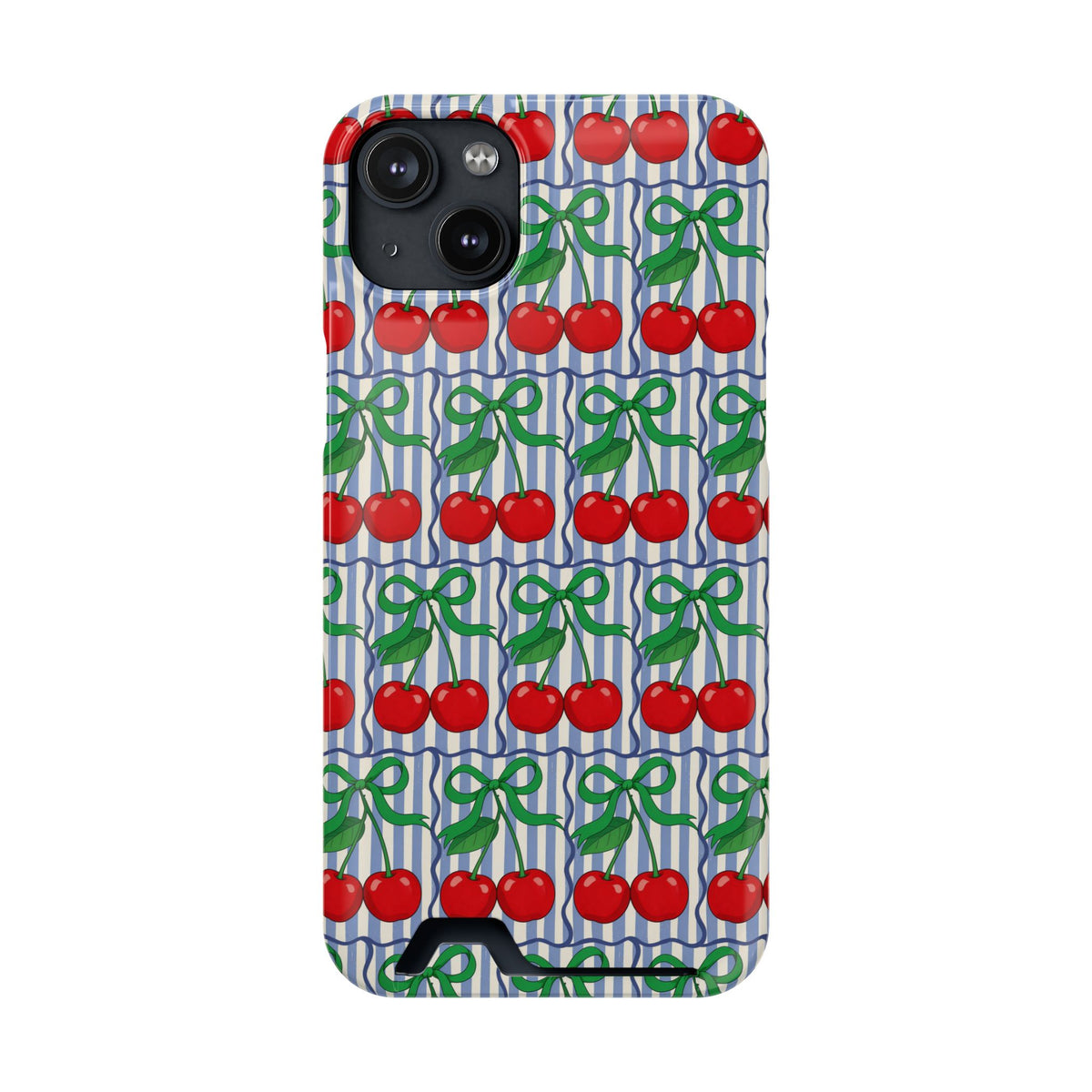 Cherry Bow Stripe phone case with card holder for iPhone 14 Plus, glossy finish