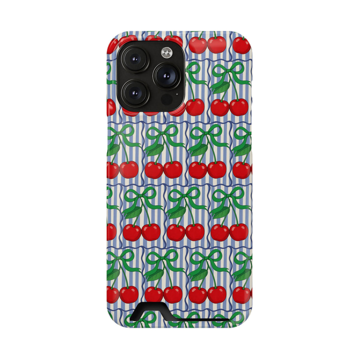 Cherry Bow Stripe phone case with card holder for iPhone 14 Pro Max, glossy finish