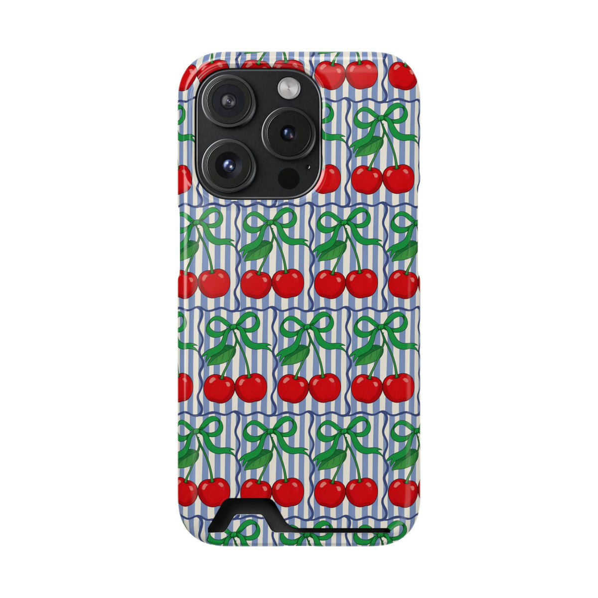 Cherry Bow Stripe phone case with card holder for iPhone 15 Pro, glossy finish