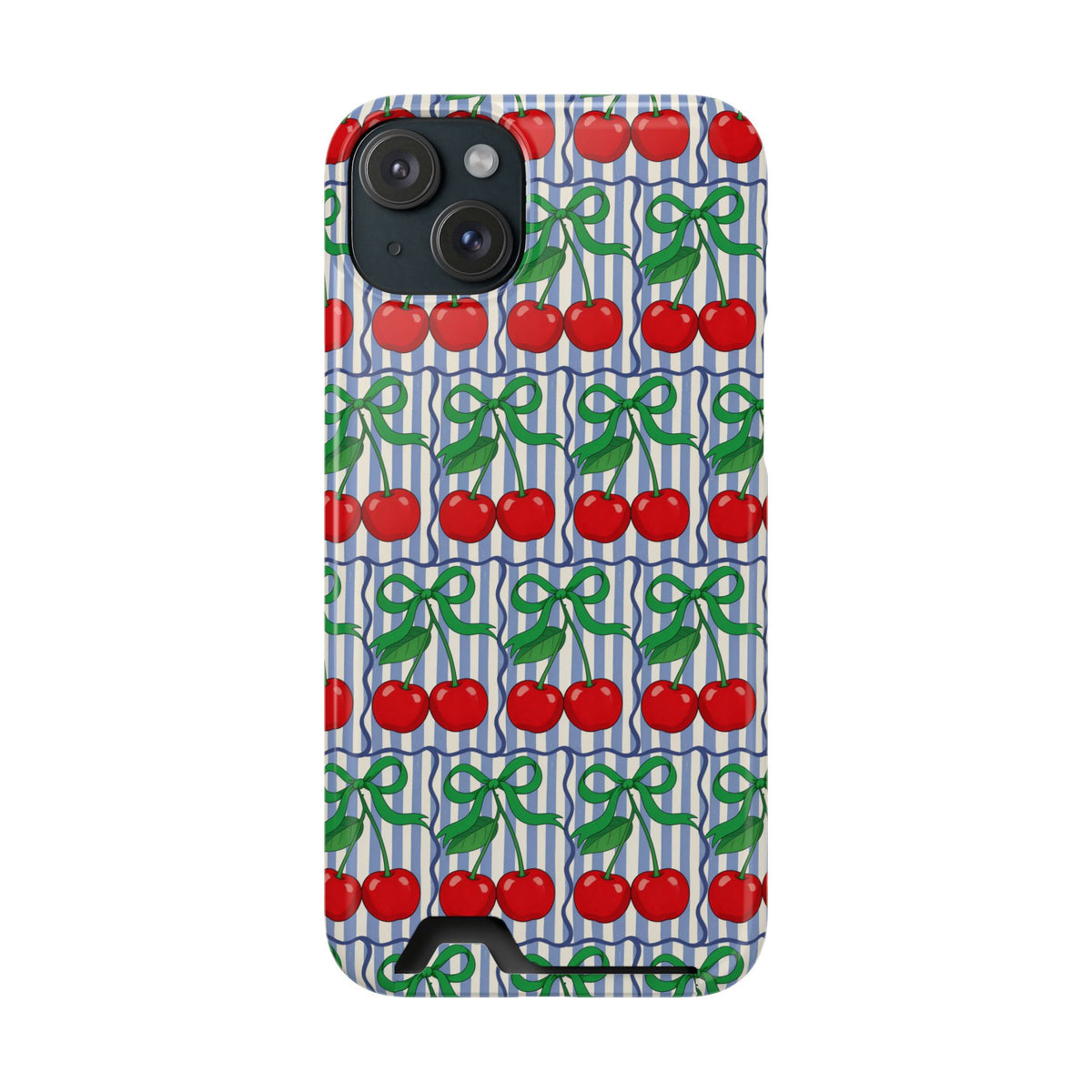 Cherry Bow Stripe phone case with card holder for iPhone 15 Plus, glossy finish