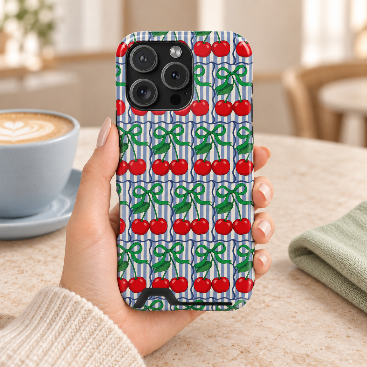Cherry Bow Stripe phone case with card holder, red cherries and green bows on blue stripes, lifestyle photo in hand with coffee