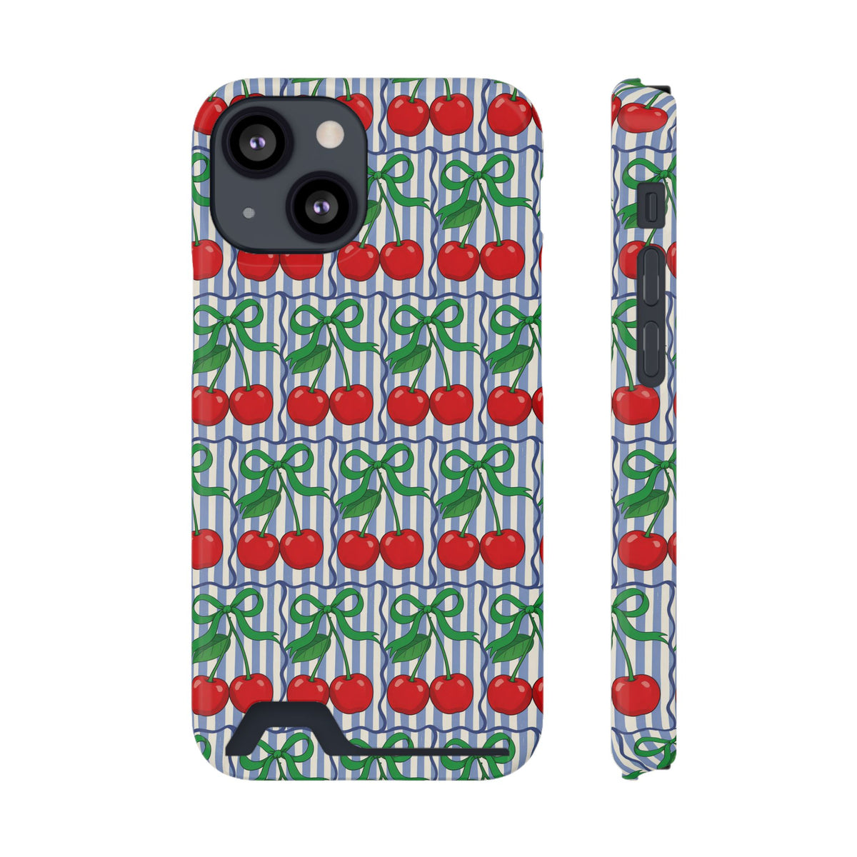 Cherry Bow Stripe phone case with card holder for iPhone 13 Mini, glossy finish