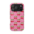 Cherry Gingham protective phone case for iPhone 18 Pro, glossy finish