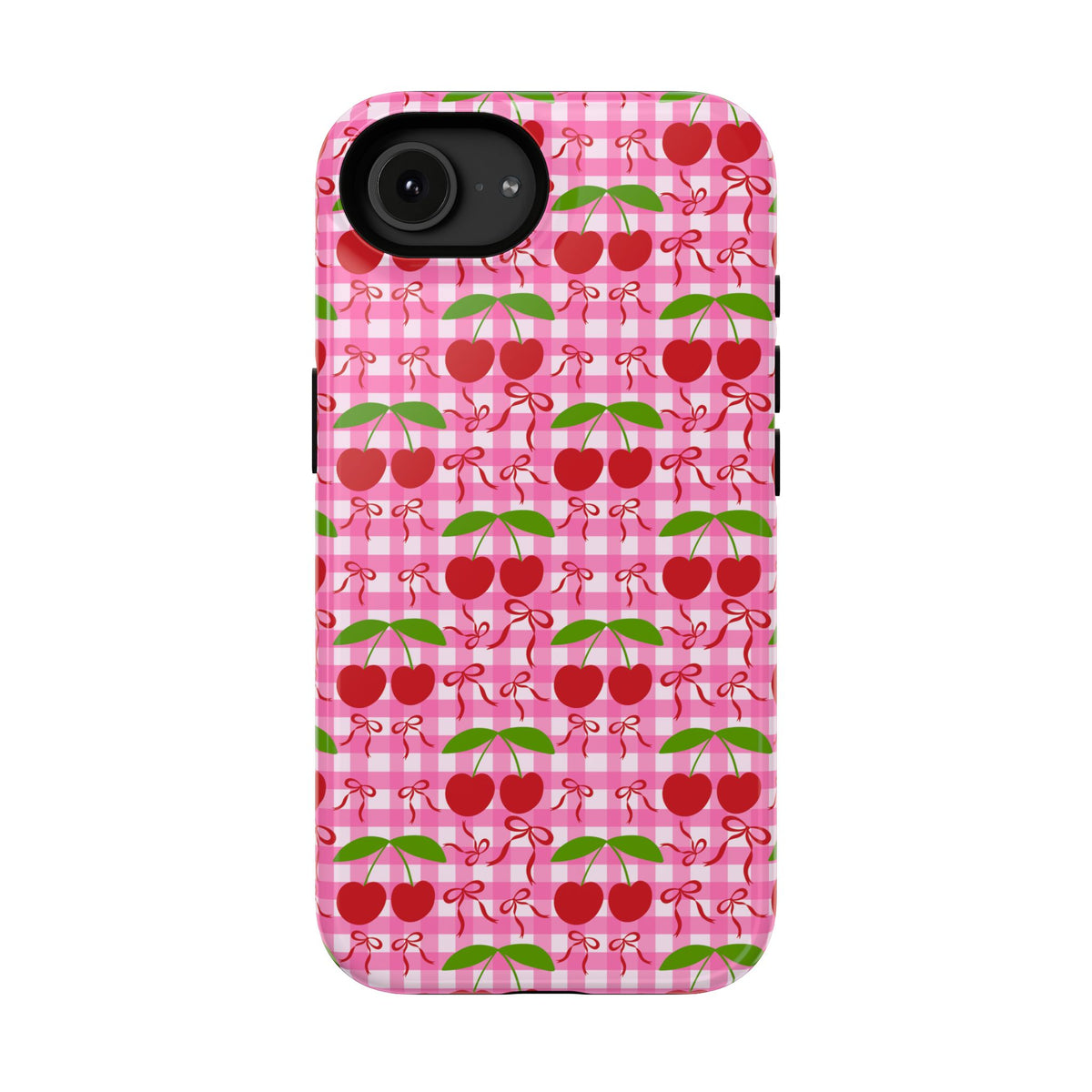 Cherry Gingham protective phone case for iPhone 16e, glossy finish