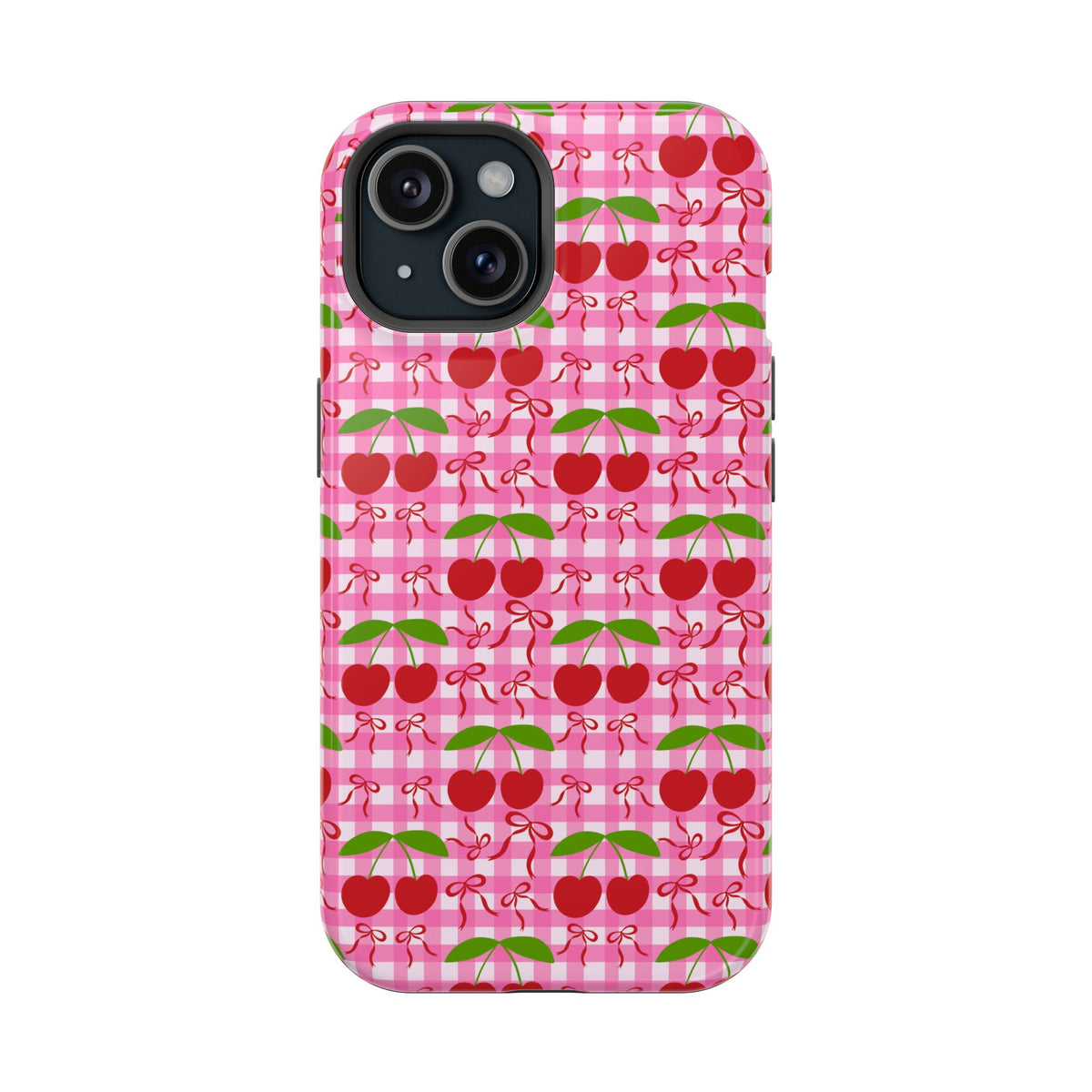 Cherry Gingham MagSafe case for iPhone 15, glossy finish