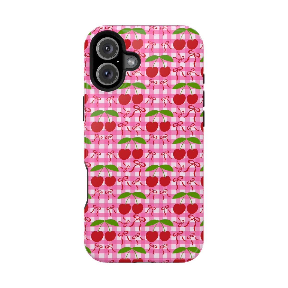 Cherry Gingham MagSafe case for iPhone 16 Plus, glossy finish