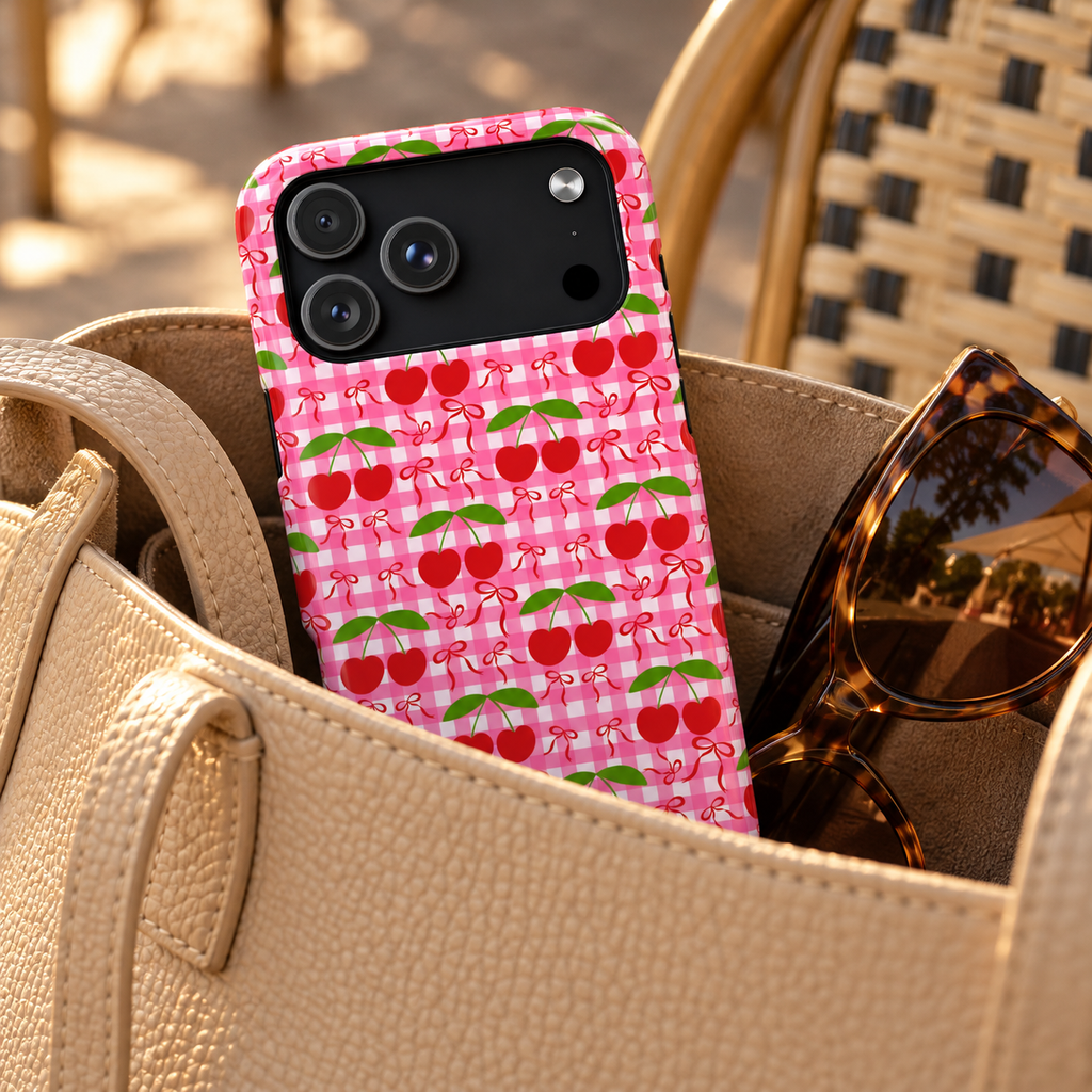 Cherry Gingham MagSafe case, red cherries on hot pink gingham, lifestyle photo in a handbag