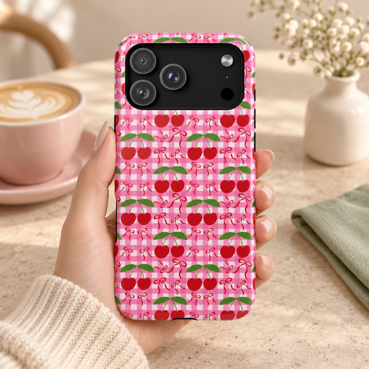 Cherry Gingham MagSafe case, red cherries on hot pink gingham, lifestyle photo in hand with coffee