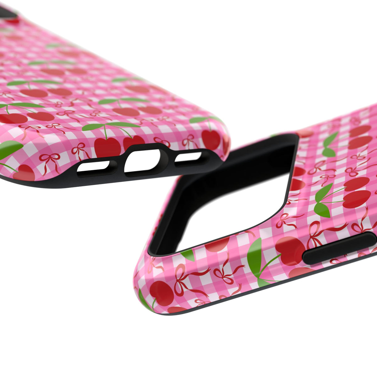 Cherry Gingham MagSafe case, close-up at an angle