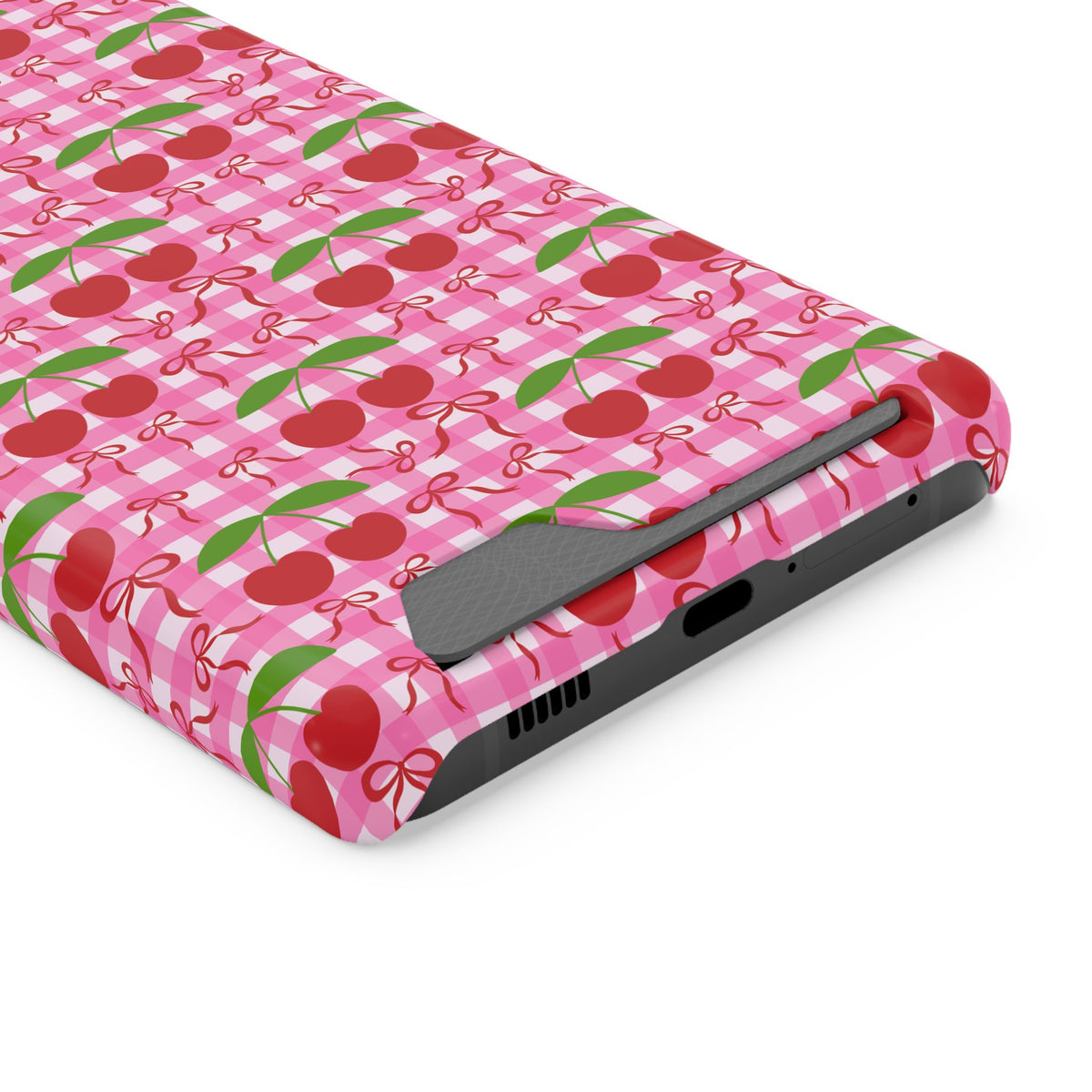 Cherry Gingham phone case with card holder for Samsung Galaxy S21 Ultra, glossy finish