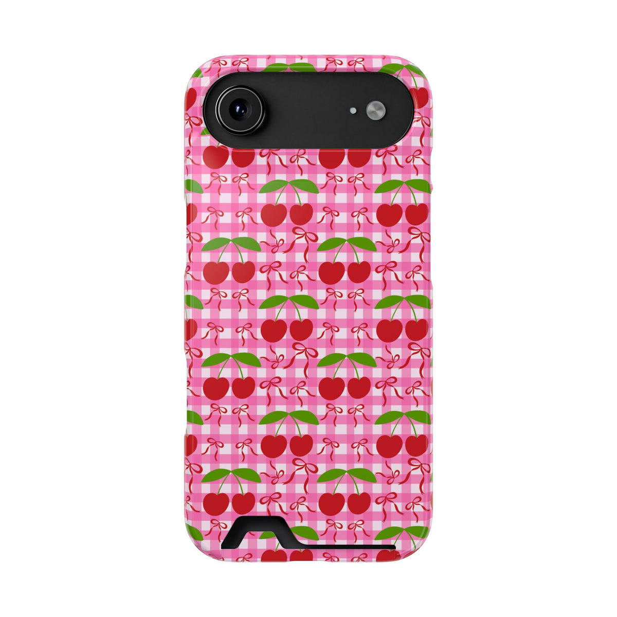 Cherry Gingham phone case with card holder for iPhone 17 Air, glossy finish