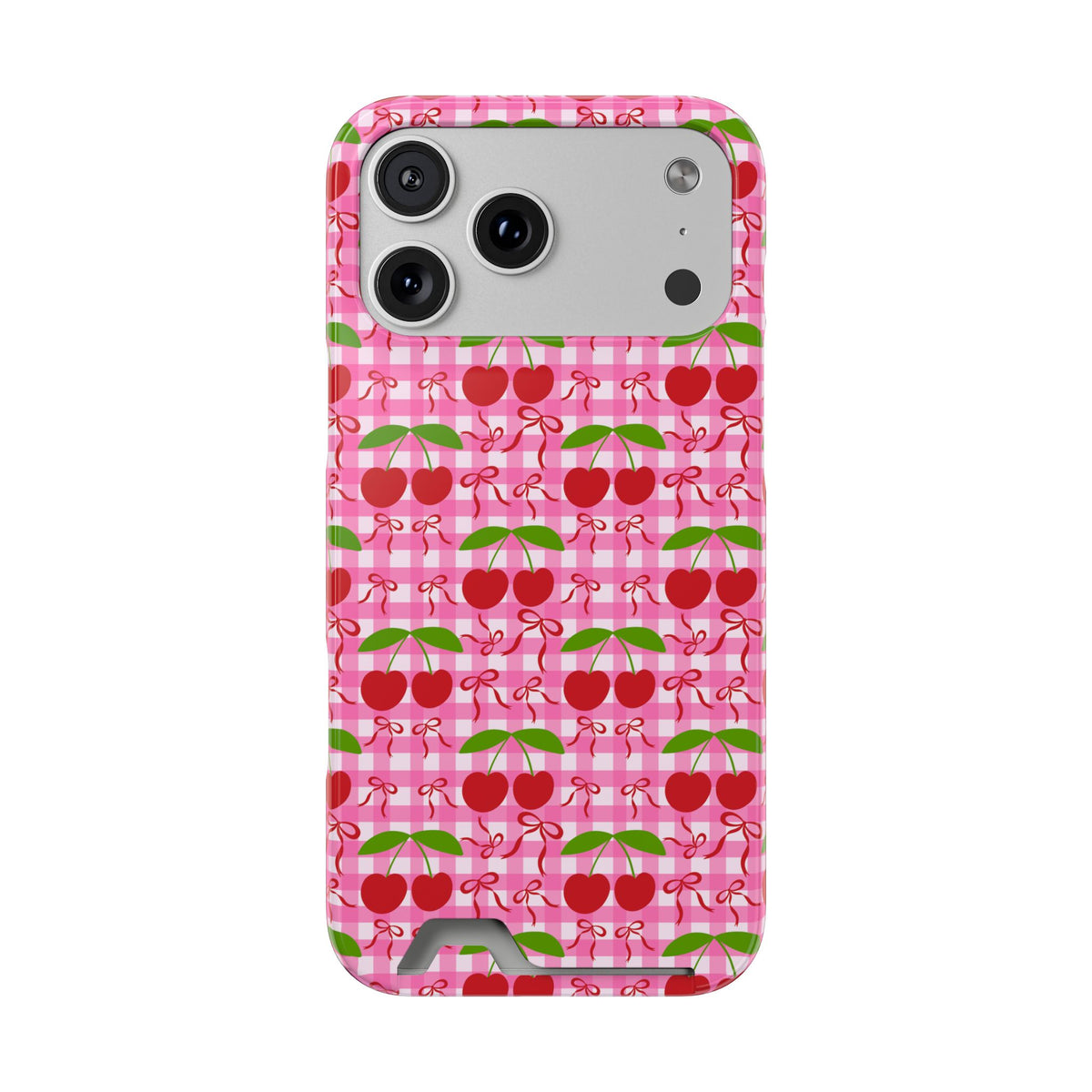 Cherry Gingham phone case with card holder for iPhone 17 Pro Max, glossy finish