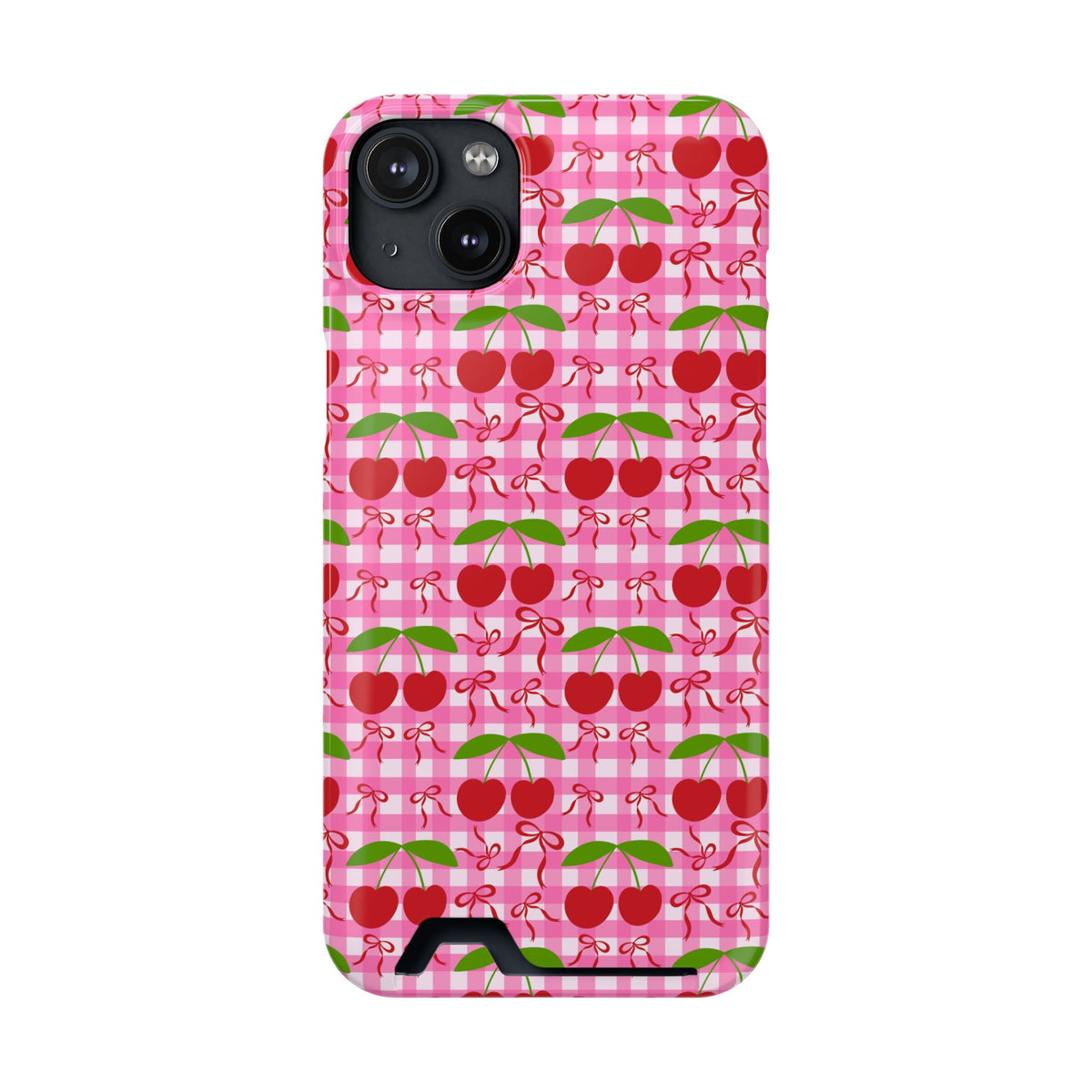 Cherry Gingham phone case with card holder for iPhone 14 Plus, glossy finish