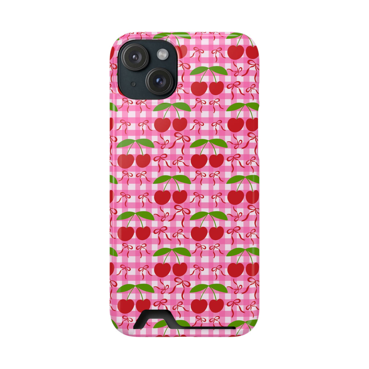 Cherry Gingham phone case with card holder for iPhone 15 Plus, glossy finish