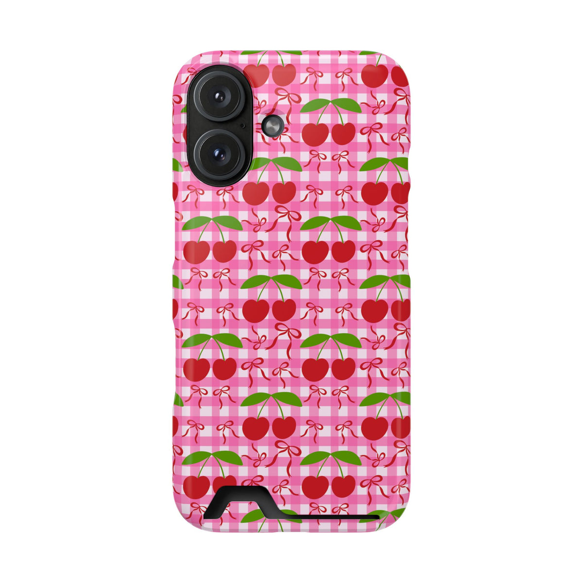 Cherry Gingham phone case with card holder for iPhone 16, glossy finish