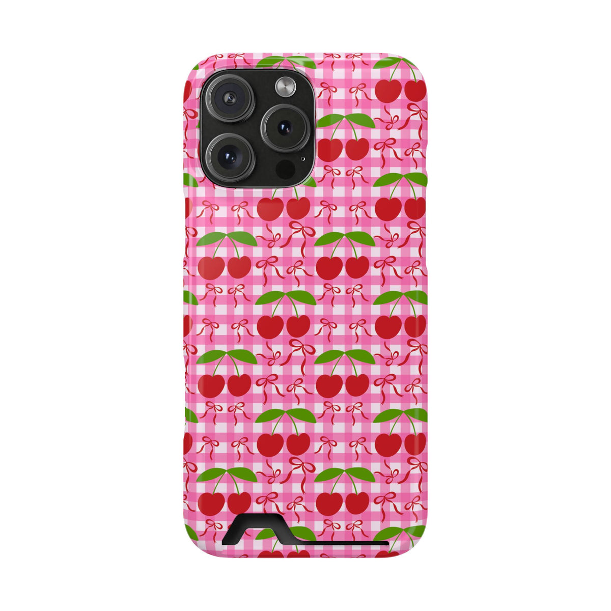 Cherry Gingham phone case with card holder for iPhone 16 Pro Max, glossy finish