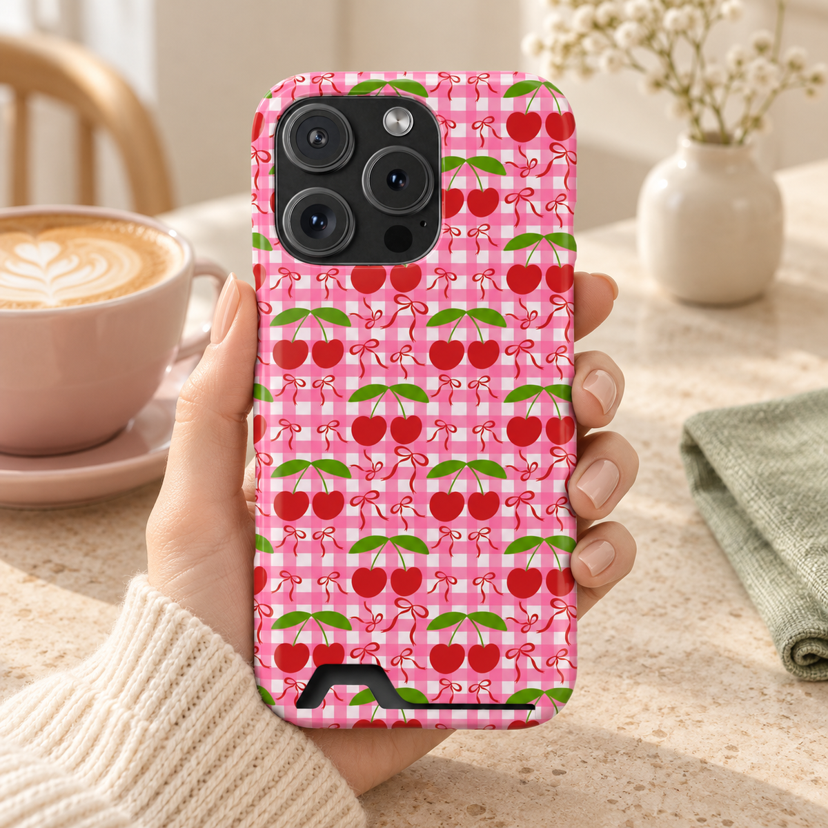 Cherry Gingham phone case with card holder, red cherries on hot pink gingham, lifestyle photo in hand with coffee