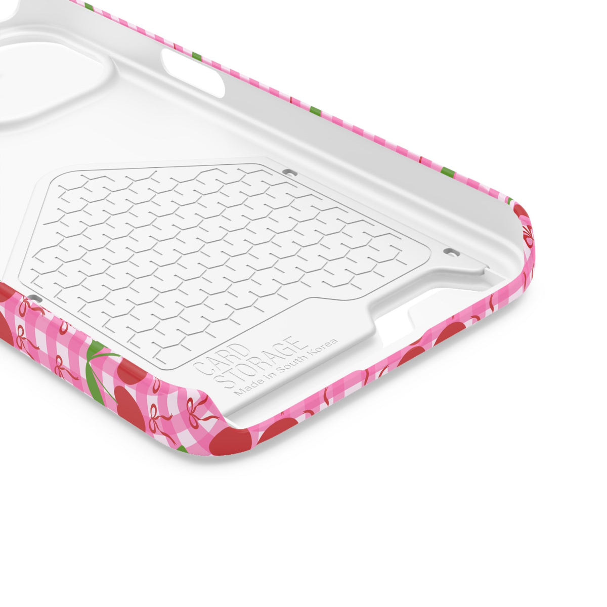 Cherry Gingham phone case with card holder for iPhone 13, glossy finish
