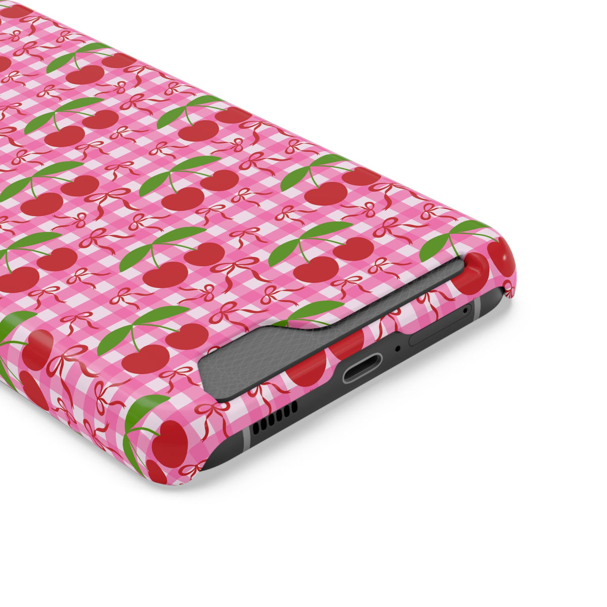 Cherry Gingham phone case with card holder, close-up of the card slot