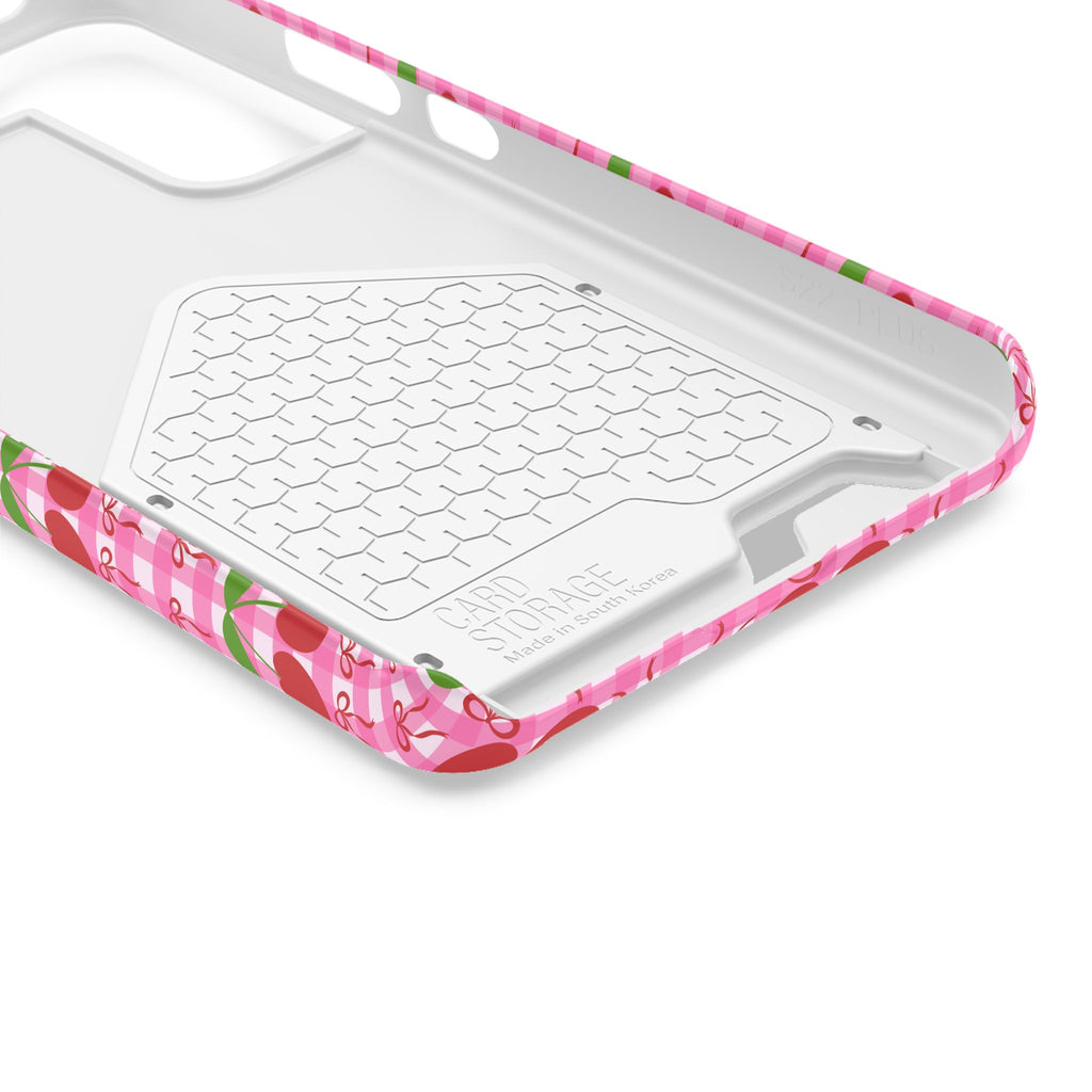Cherry Gingham phone case with card holder, close-up of the inside