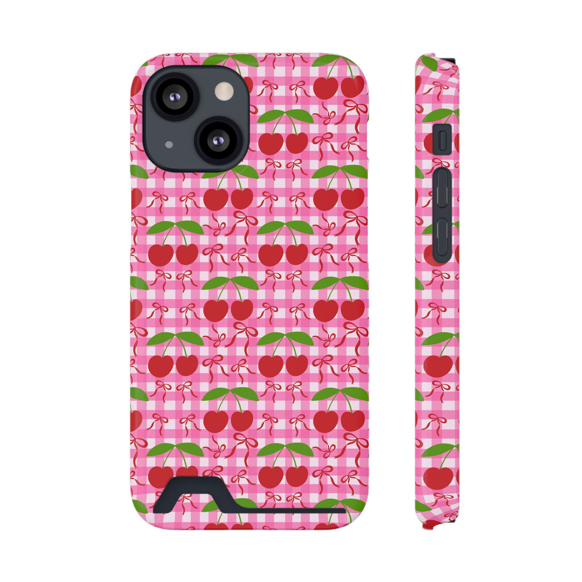 Cherry Gingham phone case with card holder for iPhone 13 Mini, glossy finish