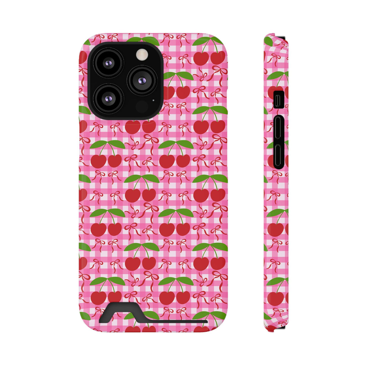 Cherry Gingham phone case with card holder for iPhone 13 Pro, glossy finish