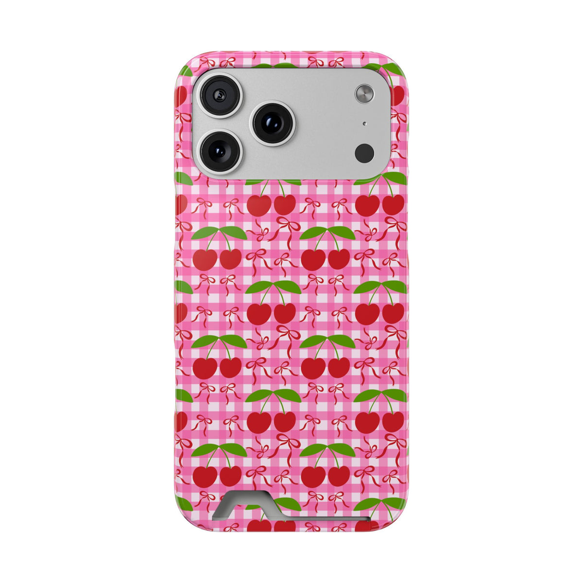 Cherry Gingham phone case with card holder for iPhone 18 Pro Max, glossy finish