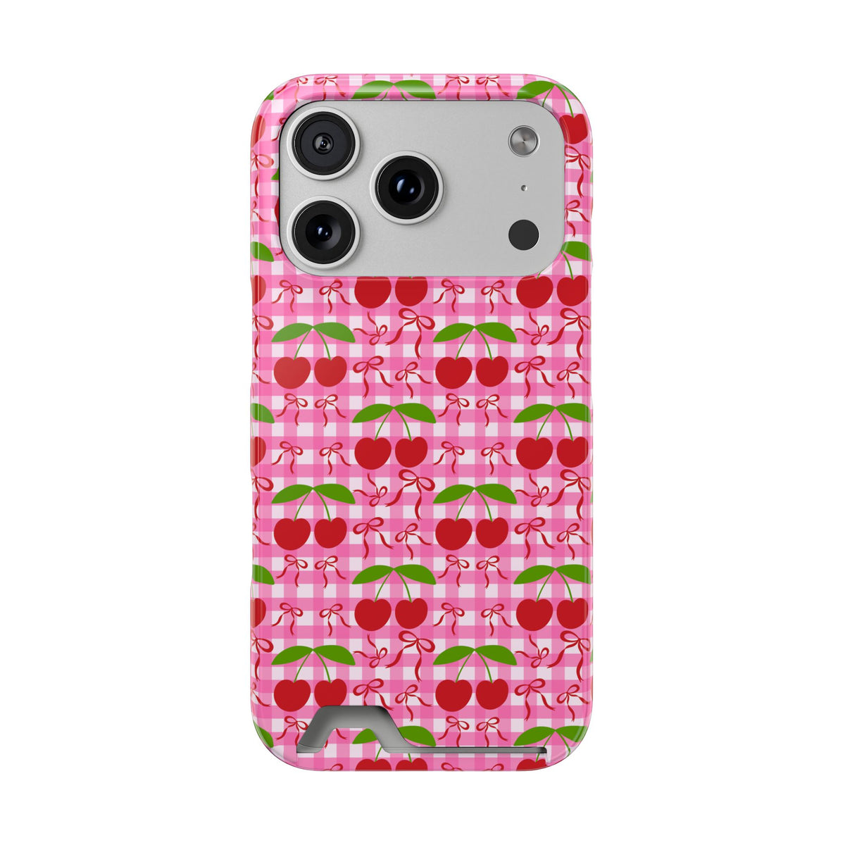 Cherry Gingham phone case with card holder for iPhone 18 Pro, glossy finish