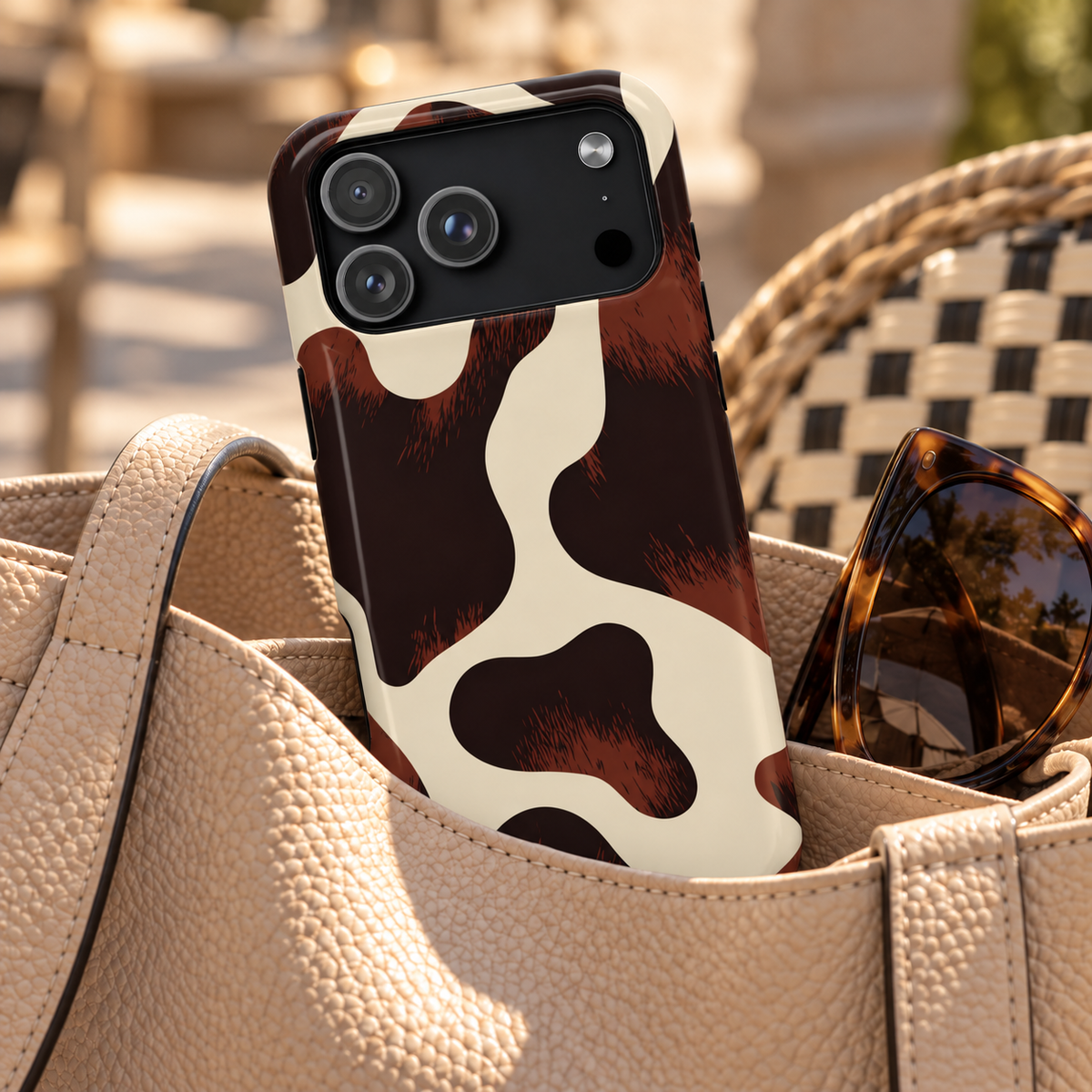 Chocolate Cow protective phone case, glossy chocolate brown cow spots on cream, lifestyle photo in a handbag