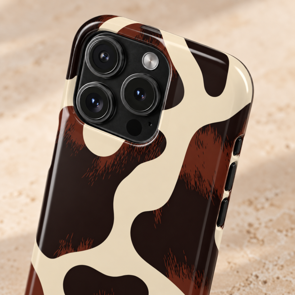 Chocolate Cow protective phone case, glossy chocolate brown cow spots on cream, lifestyle close-up of the camera