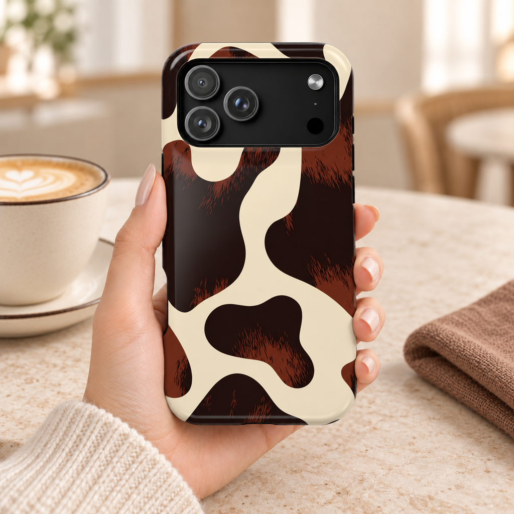 Chocolate Cow MagSafe case, glossy chocolate brown cow spots on cream, lifestyle photo in hand with coffee