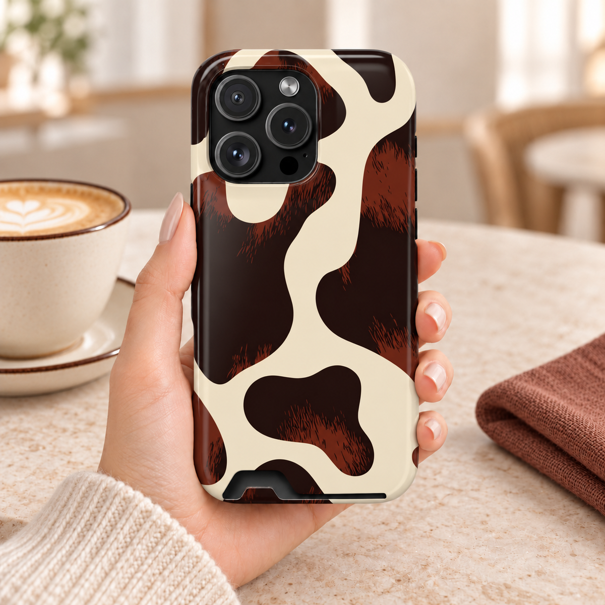 Chocolate Cow phone case with card holder, glossy chocolate brown cow spots on cream, lifestyle photo in hand with coffee