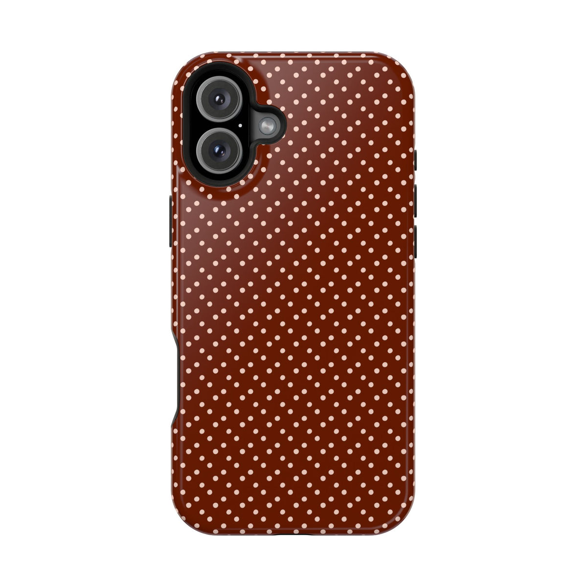 Chocolate Micro Dot protective phone case for iPhone 16 Plus, glossy finish
