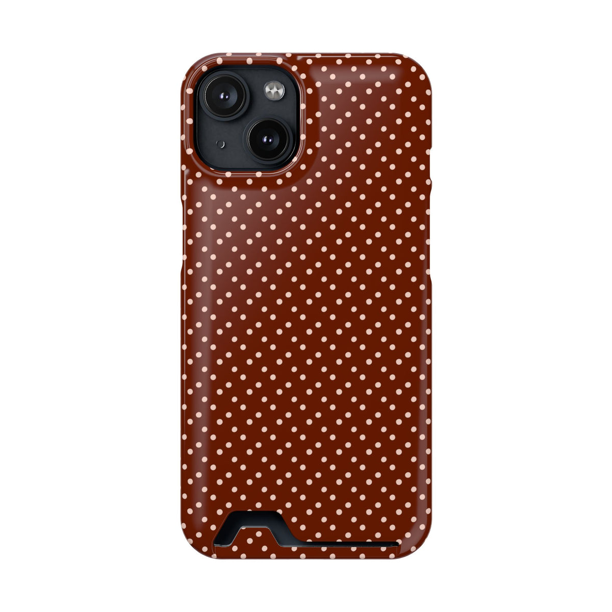 Chocolate Micro Dot phone case with card holder for iPhone 14, glossy finish